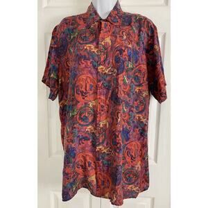 NWT Defy 100% Silk Abstract Print Short Sleeve Multicolor Shirt Size S Colorful